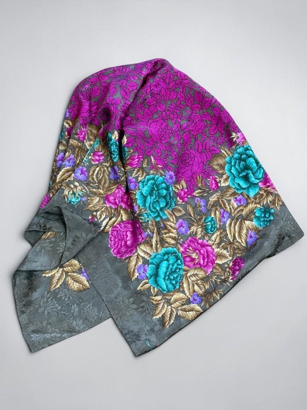 Albert Nipon Vintage Scarf 100% Silk Purple Turquoise  Gray Floral 30” Square